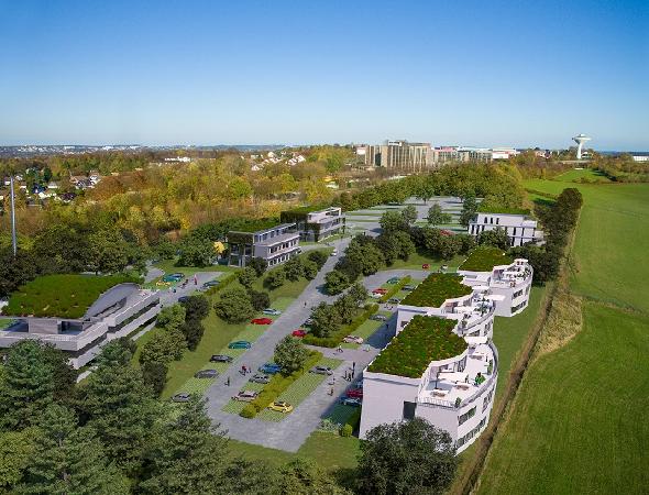Visualisierung des Smart Tec Campus Wuppertal mit Blick Richtung Stadt